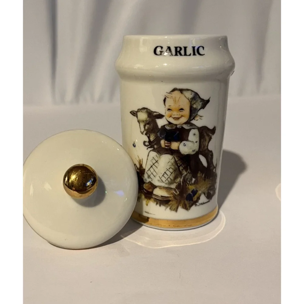 Vintage M.J. Hummel Onion & Garlic Porcelain Spice Jars Gold Trim Set of 2